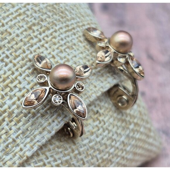 Lot 3 Minimalist Clip On Earrings Pearl Amber Crystal Gold Tone Vintage Signed - Picture 7 of 12